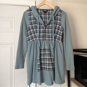 TUNNEL VISION dusty blue waffle plaid button up hoodie mini sweater dress